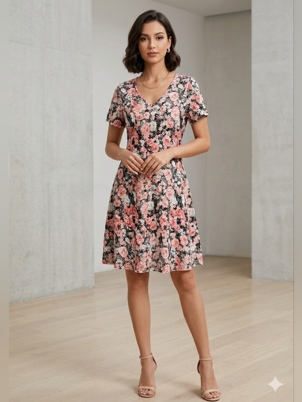 Floral V-Neck Short Sleeve Dress Size Large NWOT